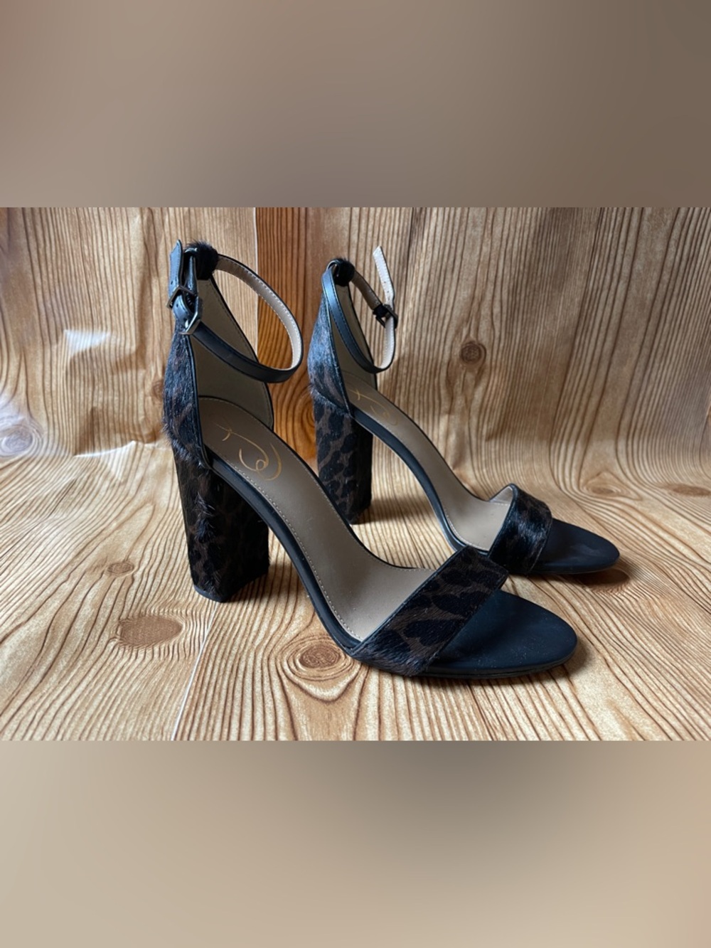 Sam Edelman Real Fur Dyed Cow Hair Leopard Print Block Heel Sandals Black/Brown
